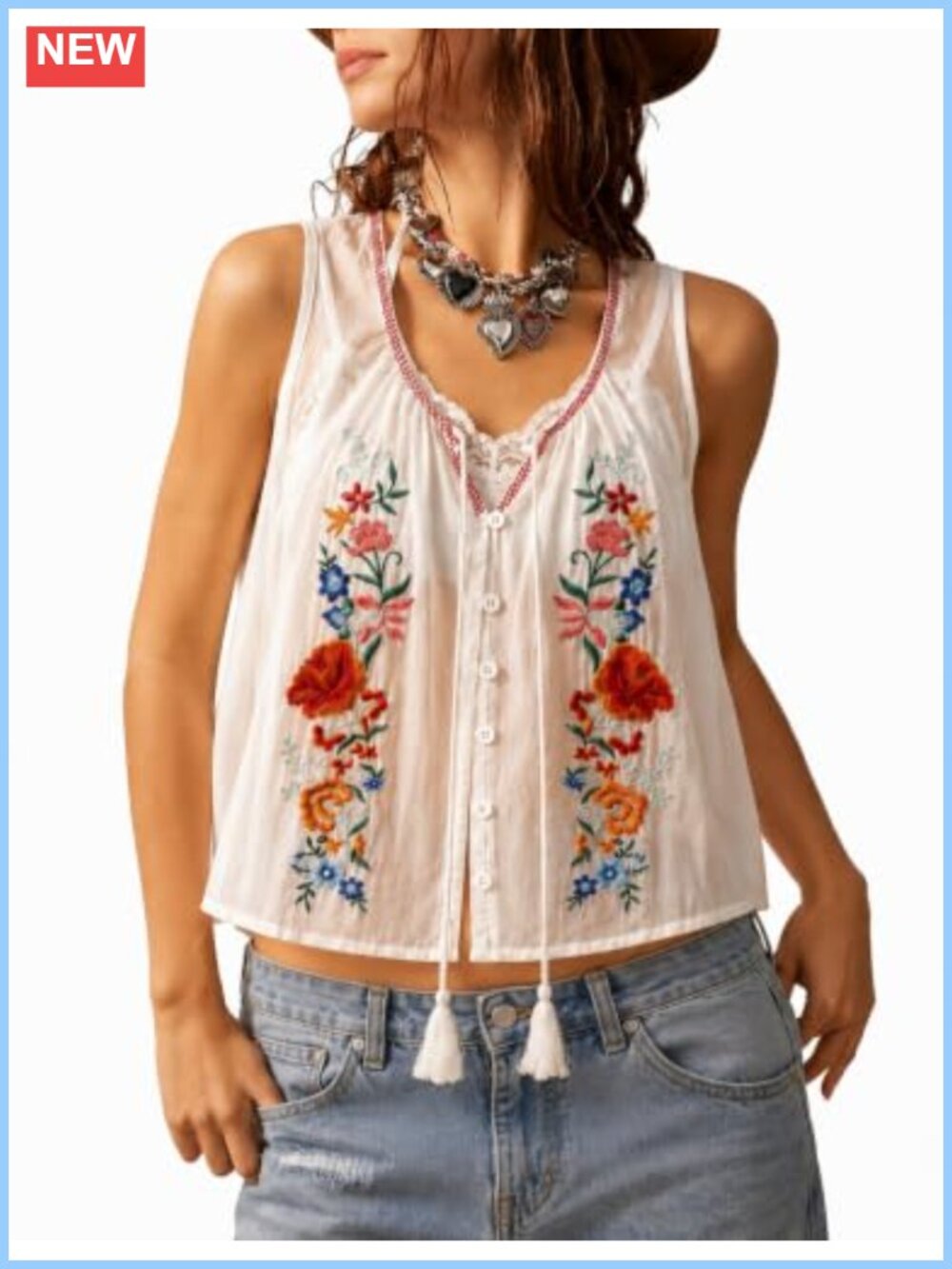 Women's Cropped Sleeveless Floral Embroidered Boho Tank Top Tie Front Blouse